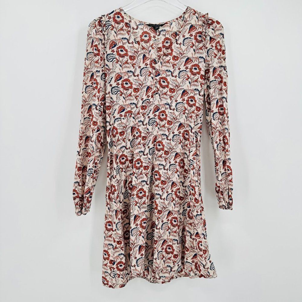 Banana Republic Size XS Cream & Red Paisley Floral Print Long Sleeve Thin Dress